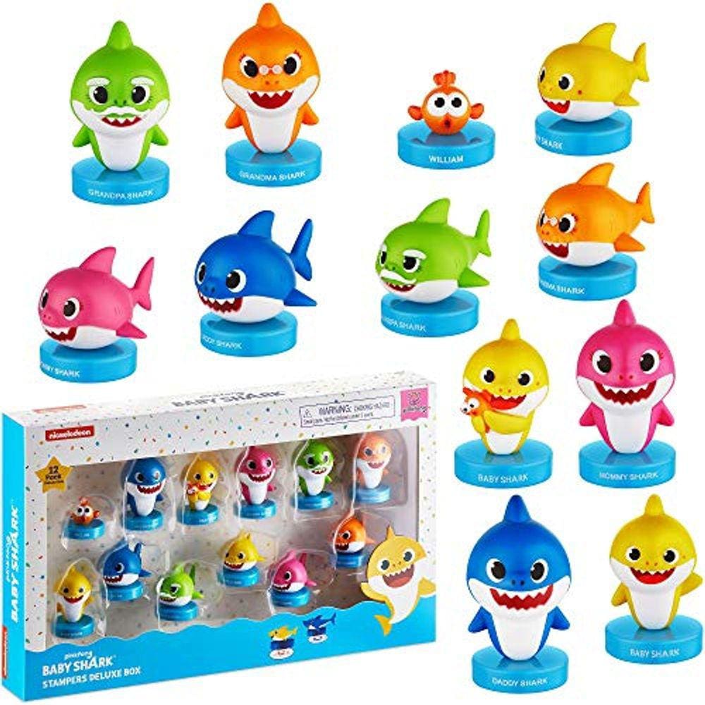 Carimbos Baby Shark - Brinquedos Baby Shark, Decoração de festas - Tubarões Pais, Bebê, Avós e William, PVC macio, 6cm
