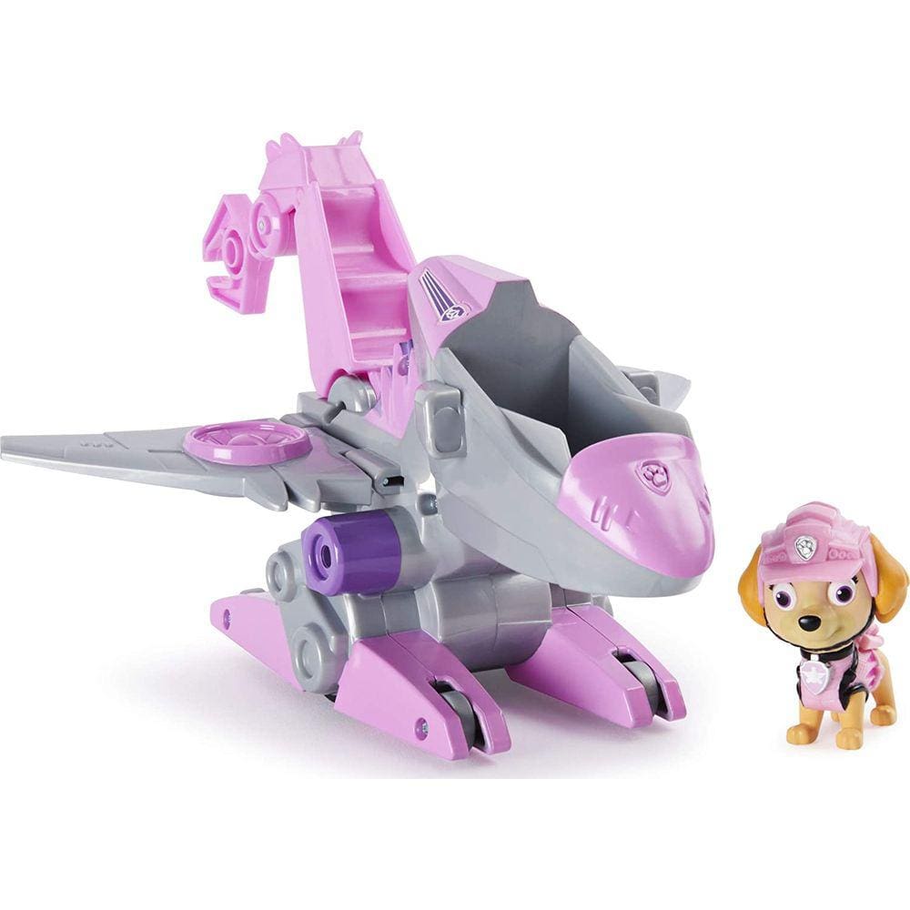 Paw Patrol, Dino Rescue Skye`s Deluxe Rev Up Vehicle com Figura misteriosa de dinossauro