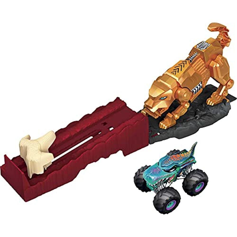 Conjunto de brinquedos Hot Wheels Monster Trucks Sabretooth Showdown Hero com veículo e lançador Mega Wrex fundido em escala 1:64, presente para crian