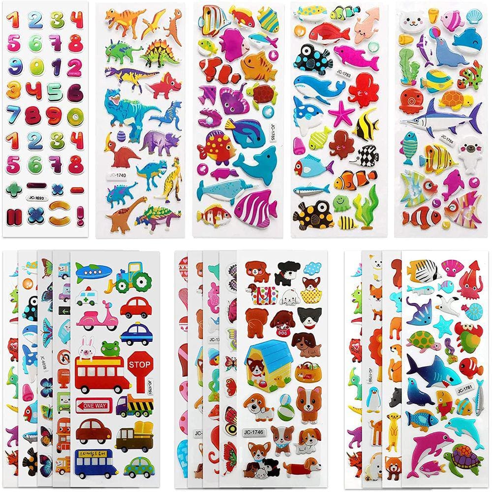 Adesivos 3D para Crianças - 500+ Unidades de Animais, Números, Frutas, Peixes, Dinossauros, Carros e Mais