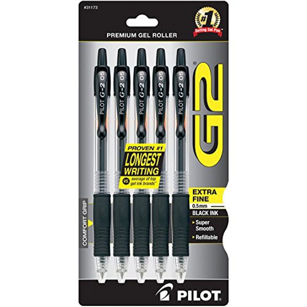 Pilot G2 Premium Recarregável & Retrátil Rolling Ball Gel Pens, Extra Fine Point, Black Ink, 5-Pack (31173)