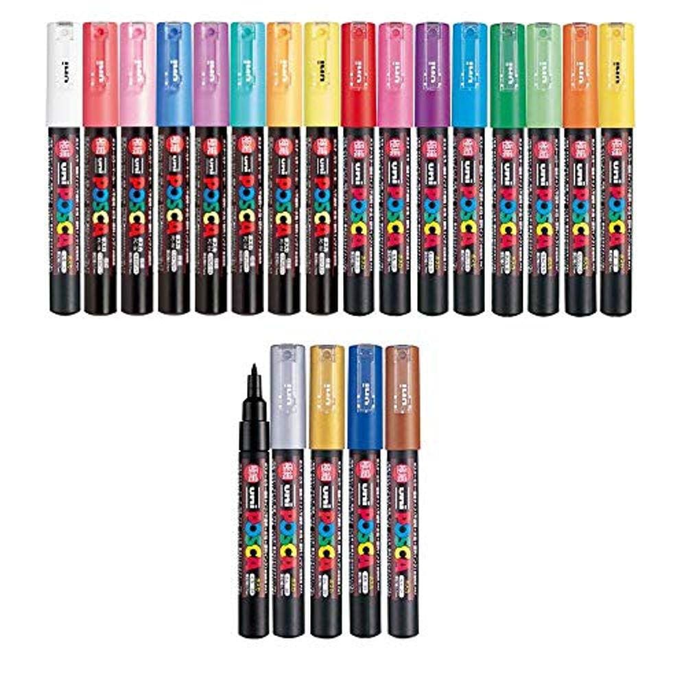 Conjunto de pacotes do marcador de tinta Uni Posca FULL RANGE, Mitsubishi Poster Color ALL COLOR Marking Pen Extra Fine Point (PC-1M ) 21 Cores (14 St
