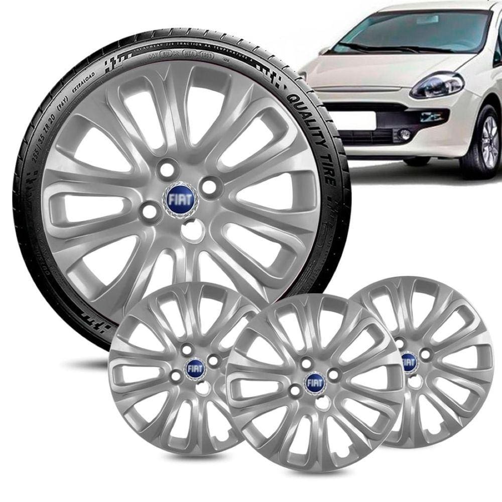 Jogo 4 Calota Fiat Punto aro 15 2015 a 16 prata Logo Azul