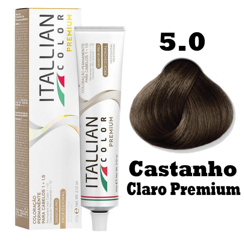Kit Coloração Itallian Premium 60g Castanho Claro 5.0 + Emulsão Oxi 20vol.x100ml.