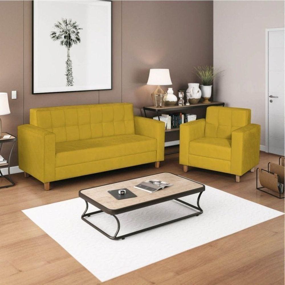 Kit Sofá 180cm e Poltrona em Suede Dallas Amarelo