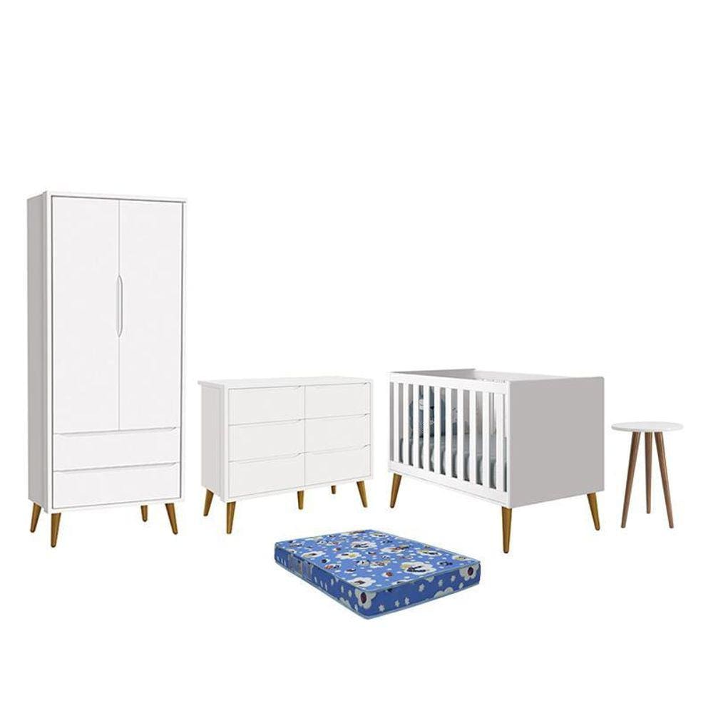 Dormitório Theo 2 Portas, Cômoda 6 Gavetas, Berço, Mesa de Canto com Pés Amadeirado e Colchão - Reller Móveis