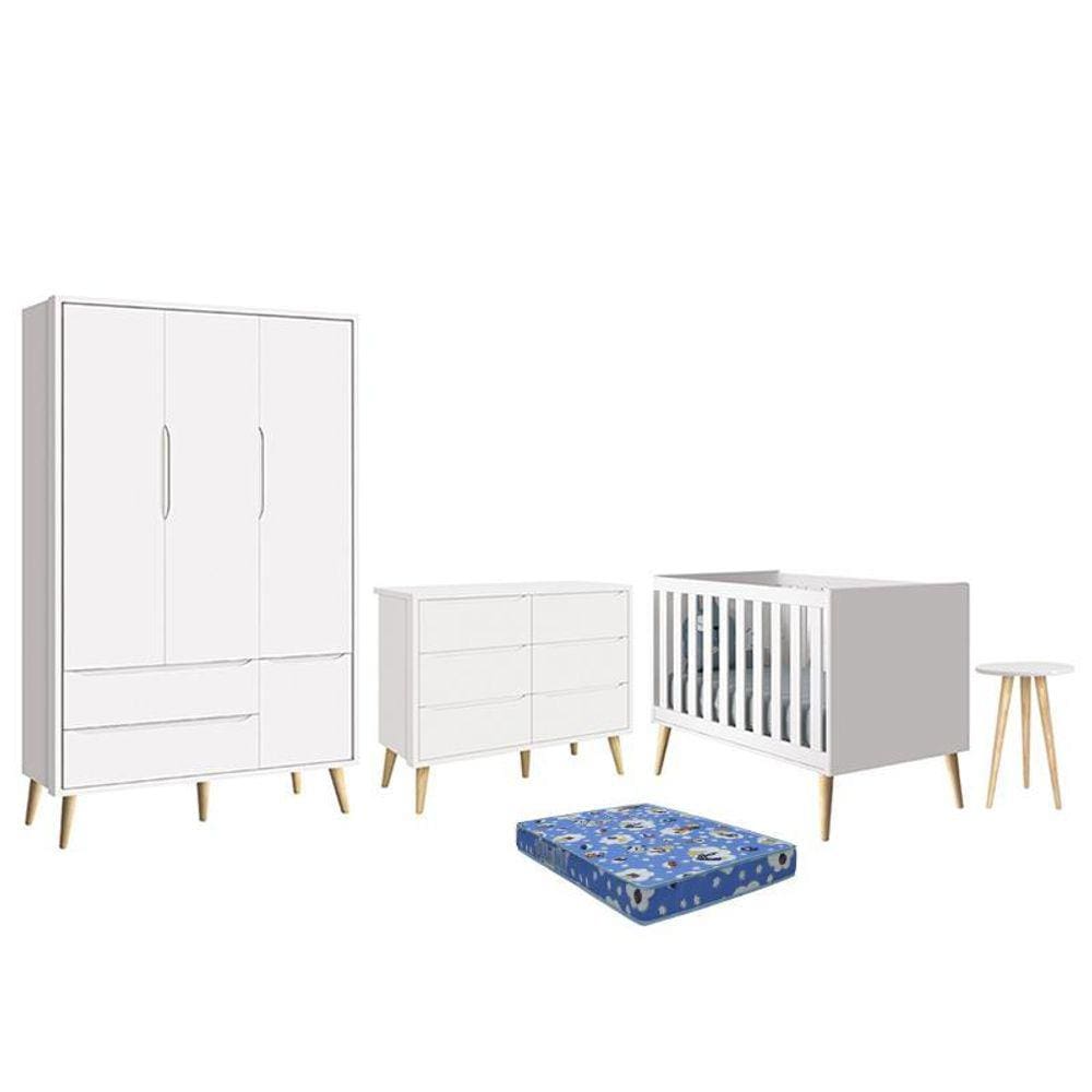Dormitório Theo 3 Portas, Cômoda 6 Gavetas, Berço, Mesa de Canto com Pés Madeira Natural e Colchão - Reller Móveis