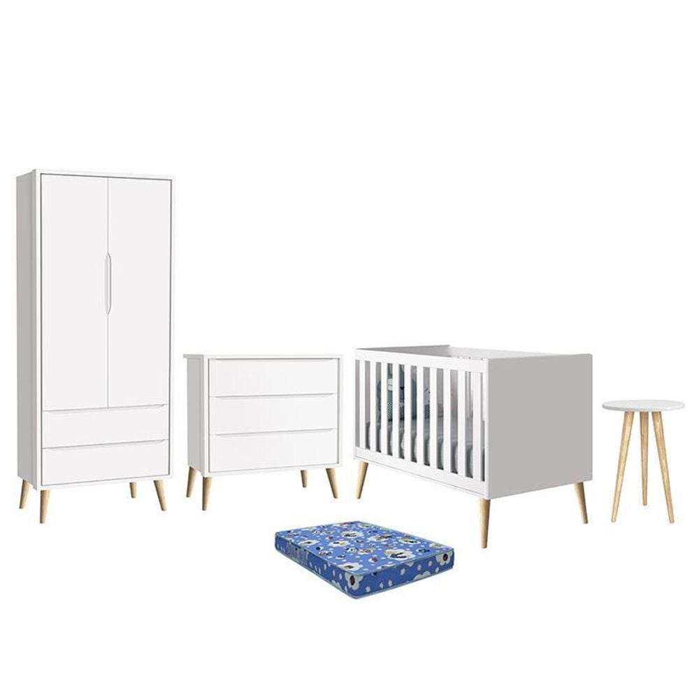 Dormitório Theo Retrô 2 Portas, Cômoda, Berço, Mesa de Apoio com Pés Madeira Natural e Colchão - Reller Móveis