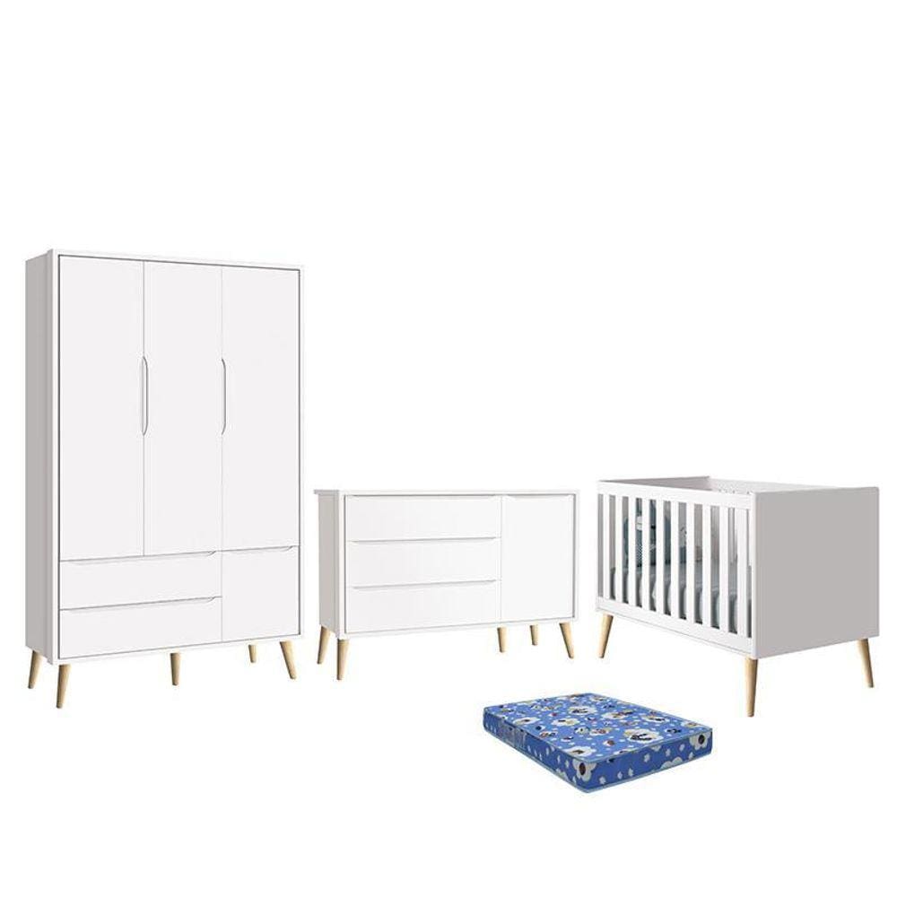 Dormitório Infantil Theo Retrô 3 Portas, Cômoda 1 Porta, Berço com Pés Madeira Natural e Colchão - Reller Móveis