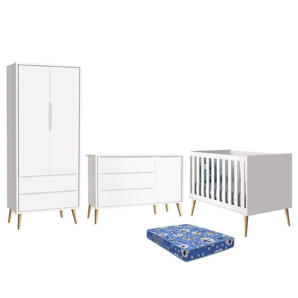 Dormitório Theo Retrô 2 Portas, Cômoda 1 Porta, Berço com Pés Madeira Natural e Colchão - Reller Móveis