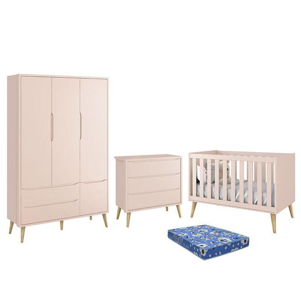 Dormitório Infantil Theo Retrô 3 Portas, Cômoda, Berço com Pés Madeira Natural e Colchão - Reller Móveis