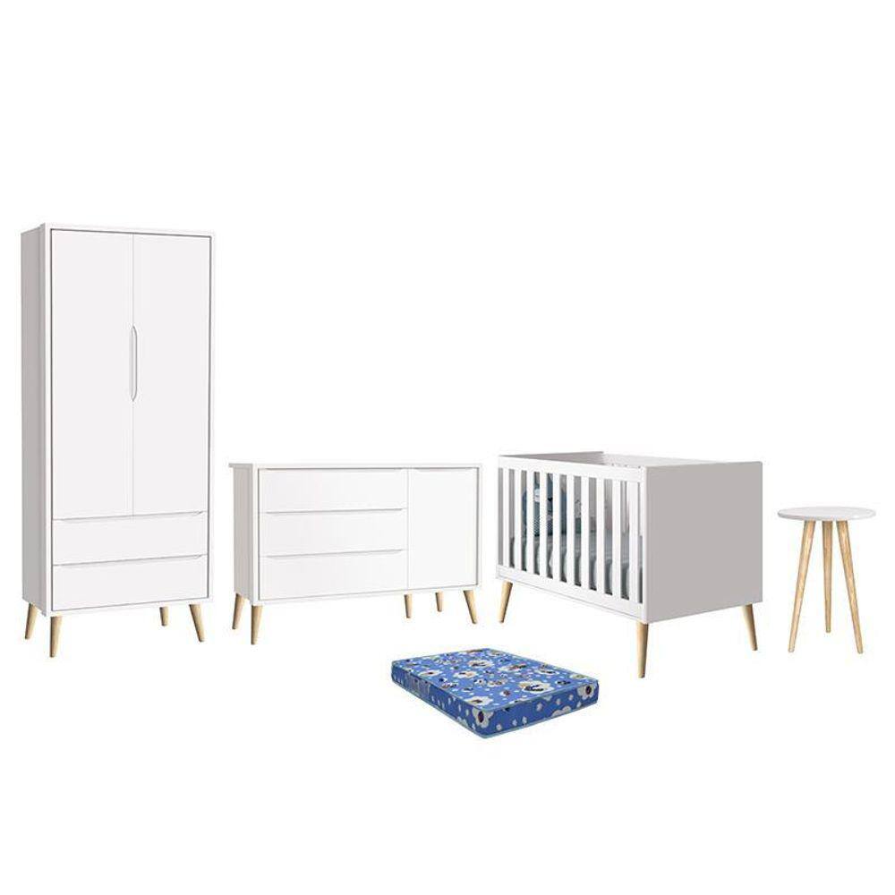 Dormitório Theo Retrô 2 Portas, Cômoda 1 Porta, Berço, Mesa de Apoio com Pés Madeira Natural e Colchão - Reller Móveis