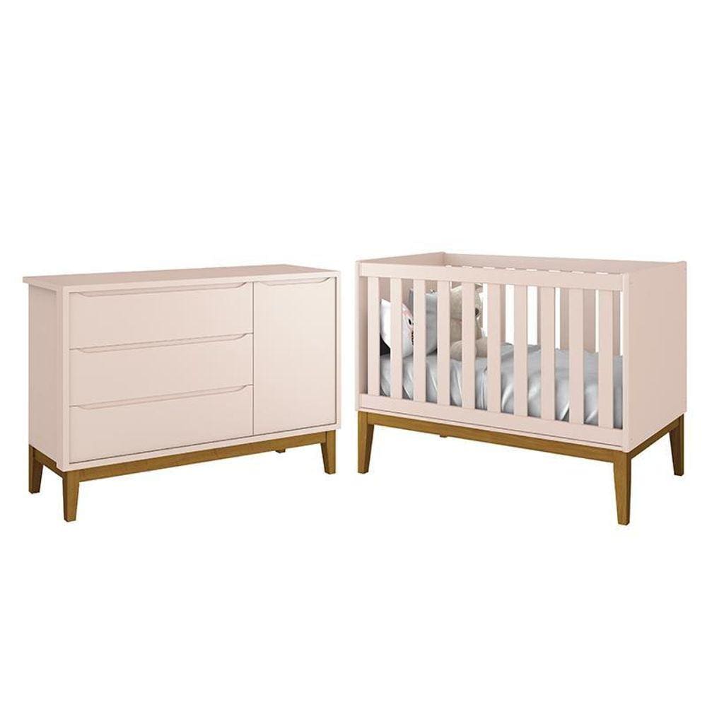 Jogo de Quarto Infantil Cômoda 1 Porta e Berço Classic com Pés Amadeirado - Reller Móveis