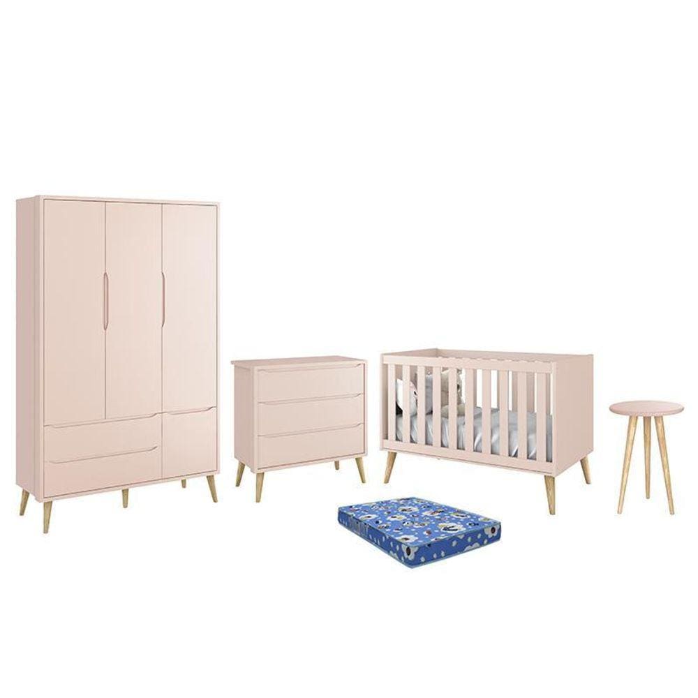 Dormitório Infantil Theo Retrô 3 Portas, Cômoda, Berço, Mesa de Apoio com Pés Madeira Natural e Colchão - Reller Móveis