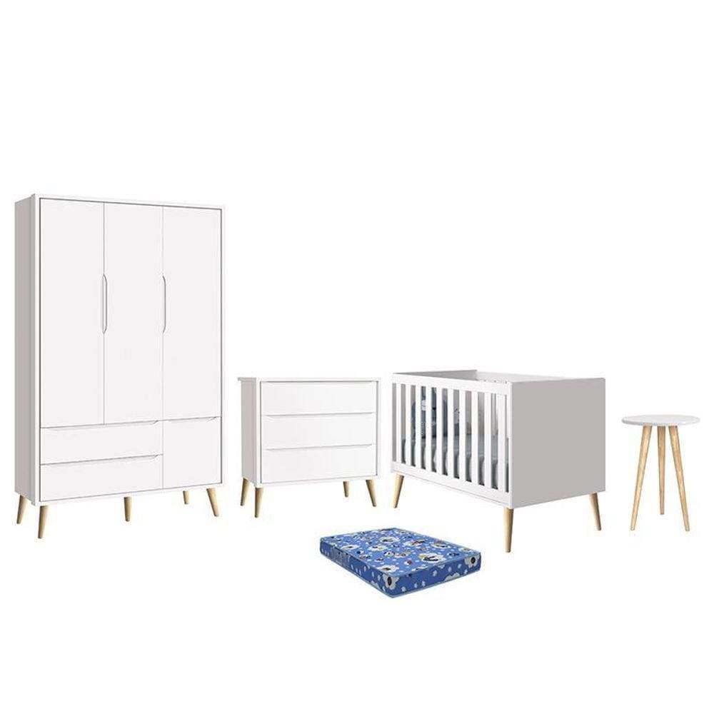 Dormitório Infantil Theo Retrô 3 Portas, Cômoda, Berço, Mesa de Apoio com Pés Madeira Natural e Colchão - Reller Móveis