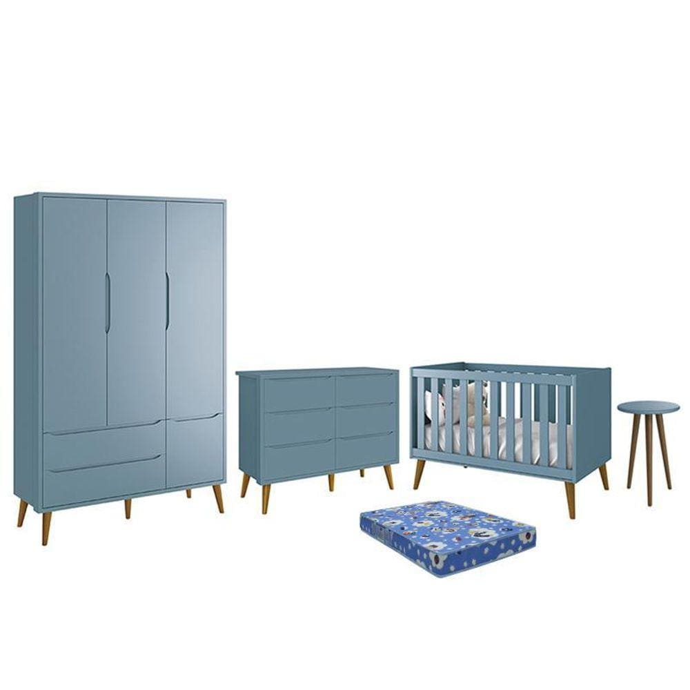 Dormitório Theo 3 Portas, Cômoda 6 Gavetas, Berço, Mesa de Canto com Pés Amadeirado e Colchão - Reller Móveis