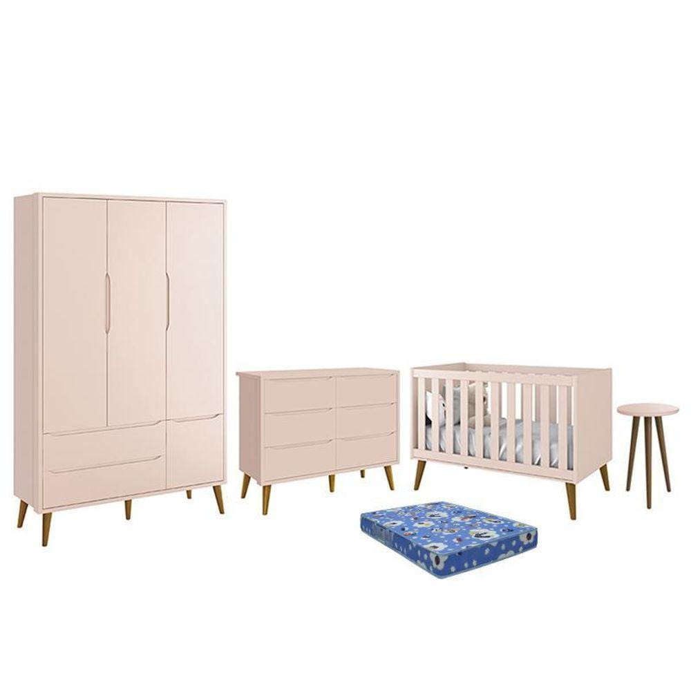 Dormitório Theo 3 Portas, Cômoda 6 Gavetas, Berço, Mesa de Canto com Pés Amadeirado e Colchão - Reller Móveis