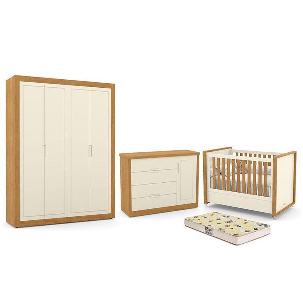 Dormitório Tutto New 4 Portas, Cômoda 1 Porta, Berço com Colchão D18 - Matic Móveis