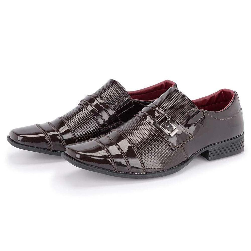 Sapato Social Masculino Verniz Brilhante Sem Cadarço Com Bico Cap Toe Texturizado Formal