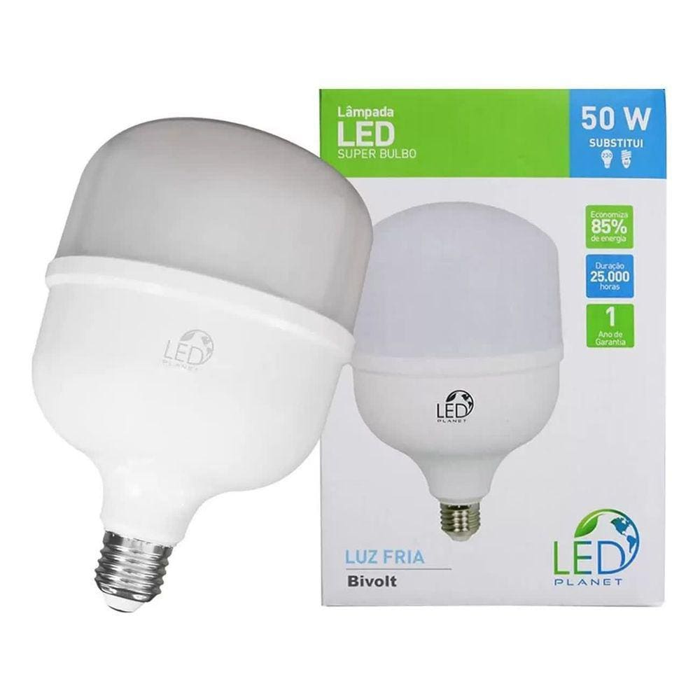 Lâmpada Led Super Bulbo 50W Alta Potência Luz Branco Frio 6500K Salão Galpão Oficina Loja Comercio Quadra Pintura Açougue Firma