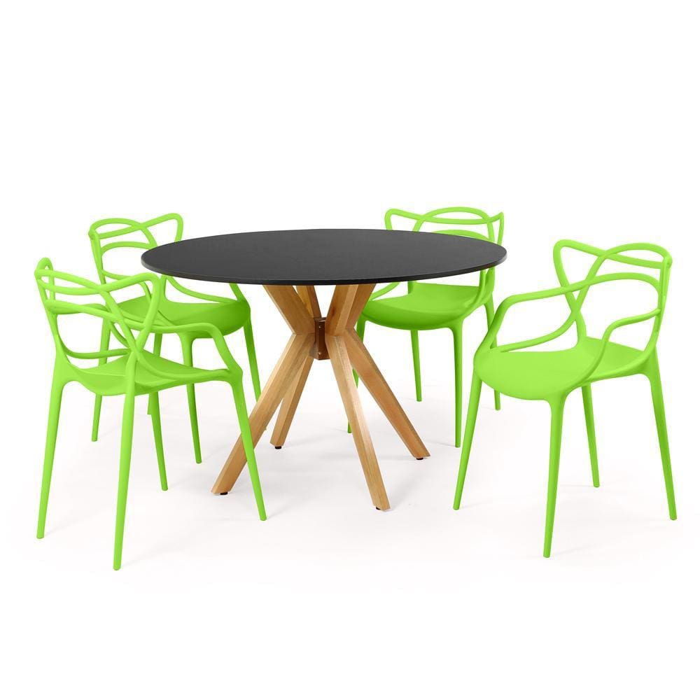 Conjunto Mesa de Jantar Redonda Marci Preta 120cm com 4 Cadeiras Allegra - Verde