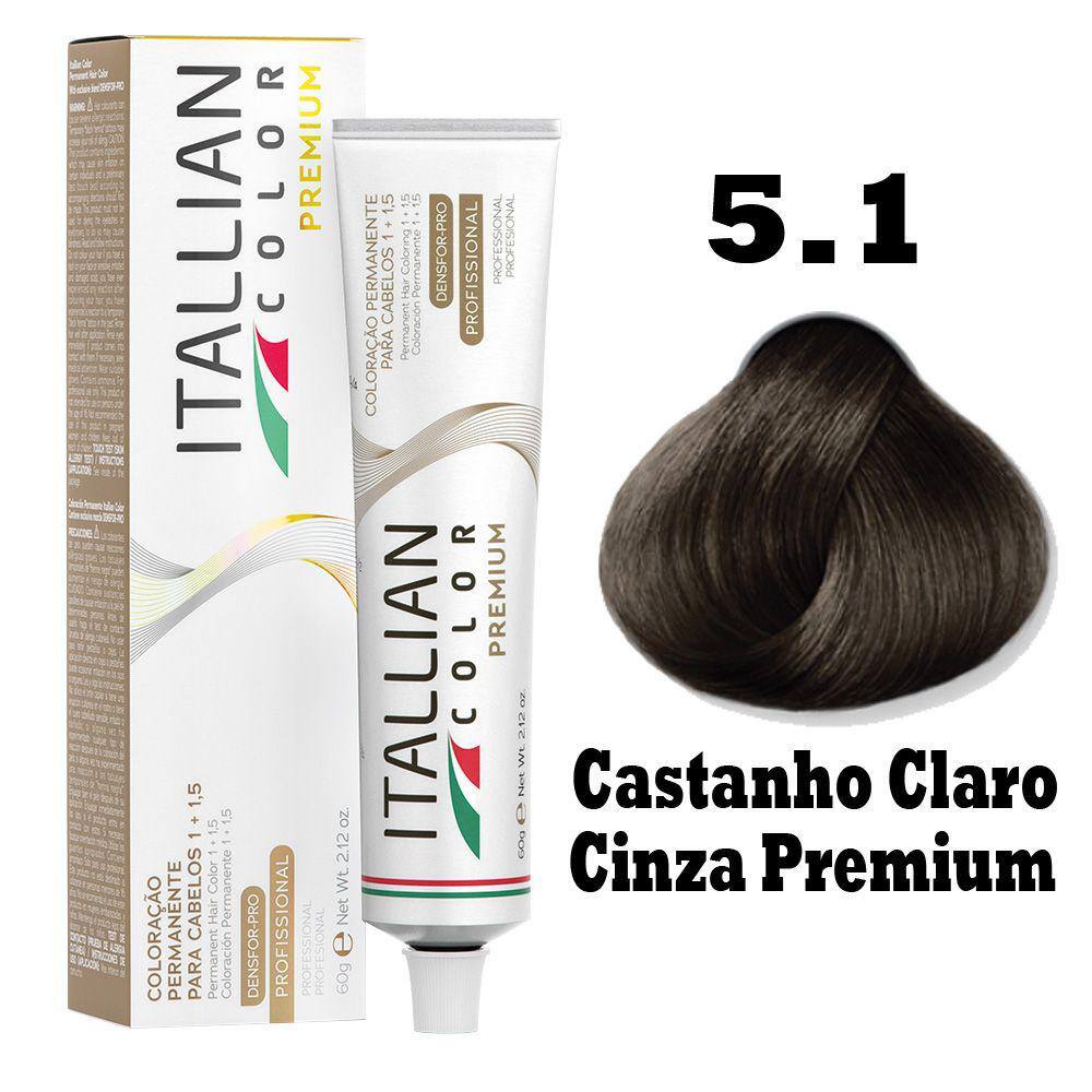 Kit Coloração Itallian Premium 60g Castanho Claro Cinza 5.1 + Emulsão Oxi 20vol.x100ml.