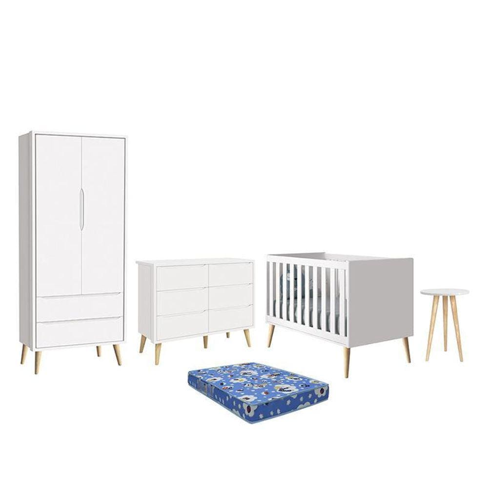 Dormitório Theo 2 Portas, Cômoda 6 Gavetas, Berço, Mesa de Canto com Pés Madeira Natural e Colchão - Reller Móveis