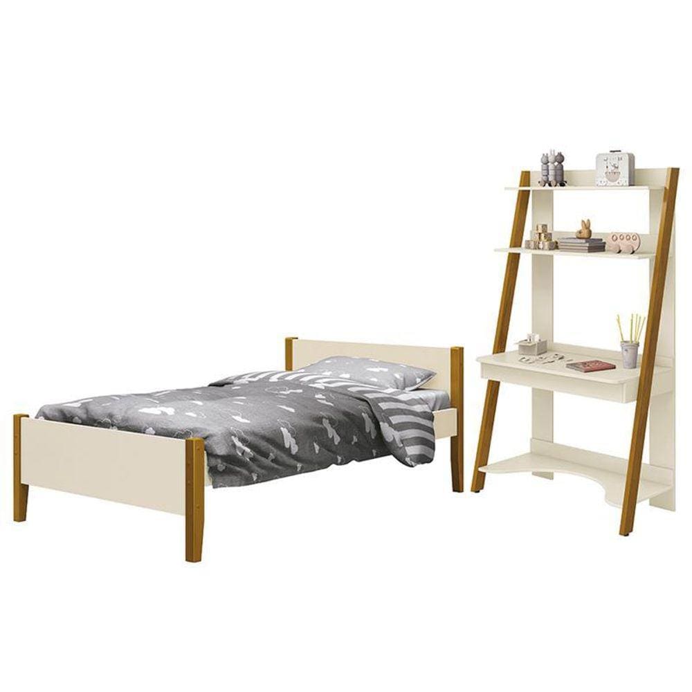 Jogo de Quarto Infantil Simba Estante Escrivaninha e Cama com Pés Amadeirado - Reller Móveis