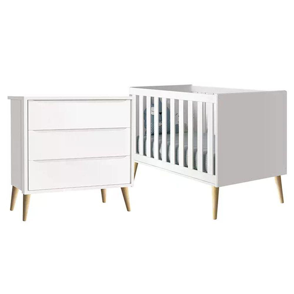 Jogo de Quarto Infantil TheoCômoda 3 Gavetas e Berço com Pés Madeira Natural- Reller Móveis