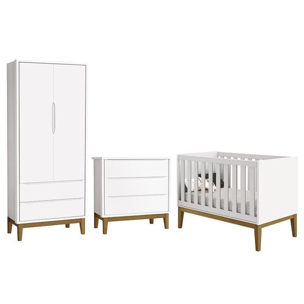 Dormitório Infantil Classic 2 Portas, Cômoda 3 Gavetas e Berço com Pés Amadeirado - Reller Móveis
