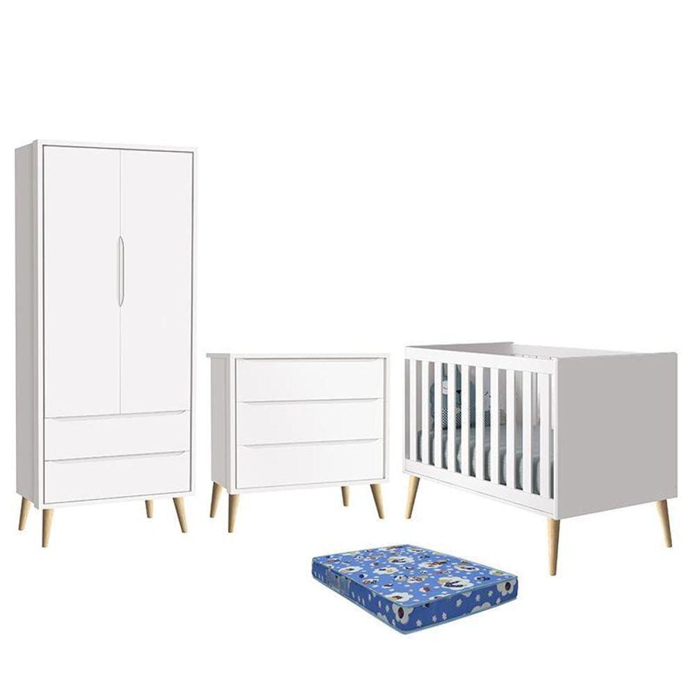 Dormitório Infantil Theo Retrô 2 Portas, Cômoda, Berço com Pés Madeira Natural e Colchão - Reller Móveis