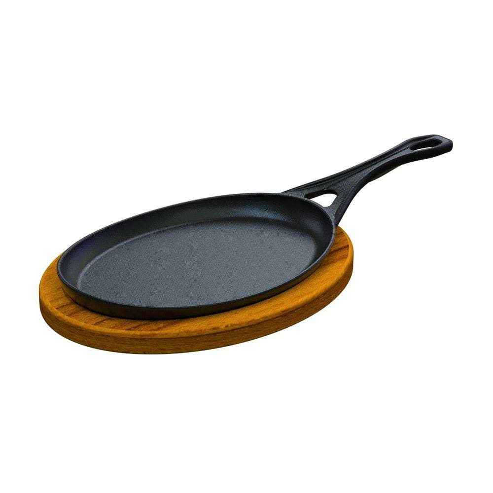 Frigideira Oval Cabo Ferro Fundido Suporte Madeira 25x18cm