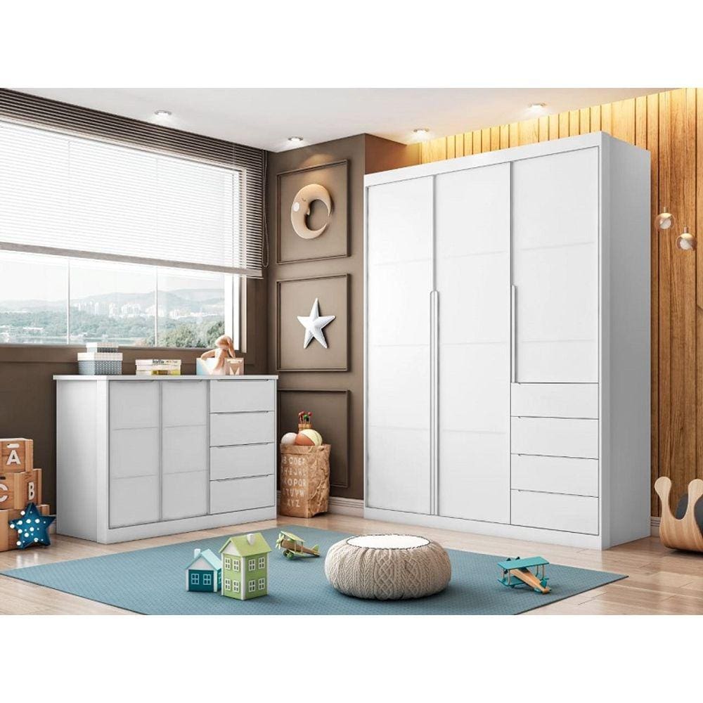 Quarto Infantil Completo Perola com Guarda Roupa 3 Portas e Cômoda 2 Portas branca - Phoenix Baby