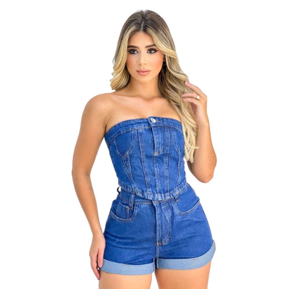 Conjunto Jeans Escuro Short  E Cropped Tomara Que Caia Liso