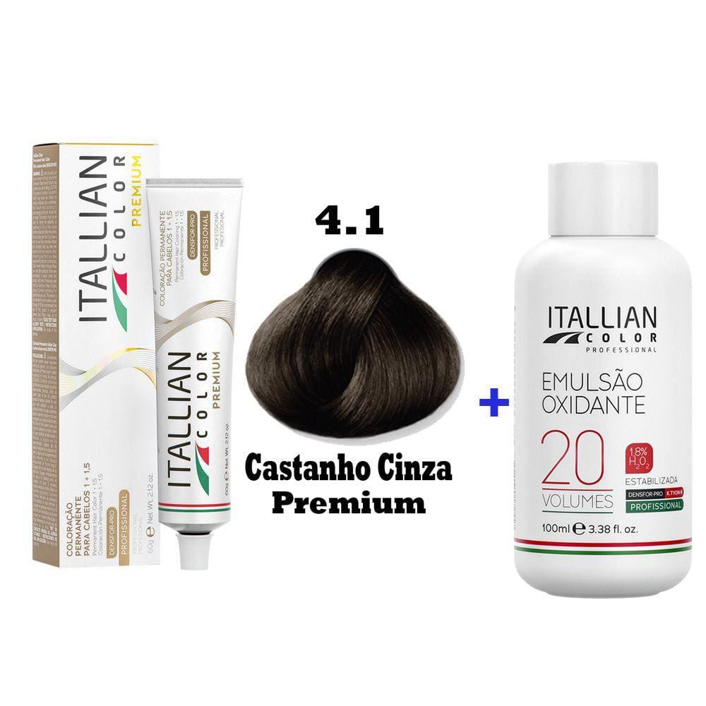 Kit Coloração Itallian Premium 60g Castanho Cinza 4.1 + Emulsão Oxi 20vol.x100ml. Cor: