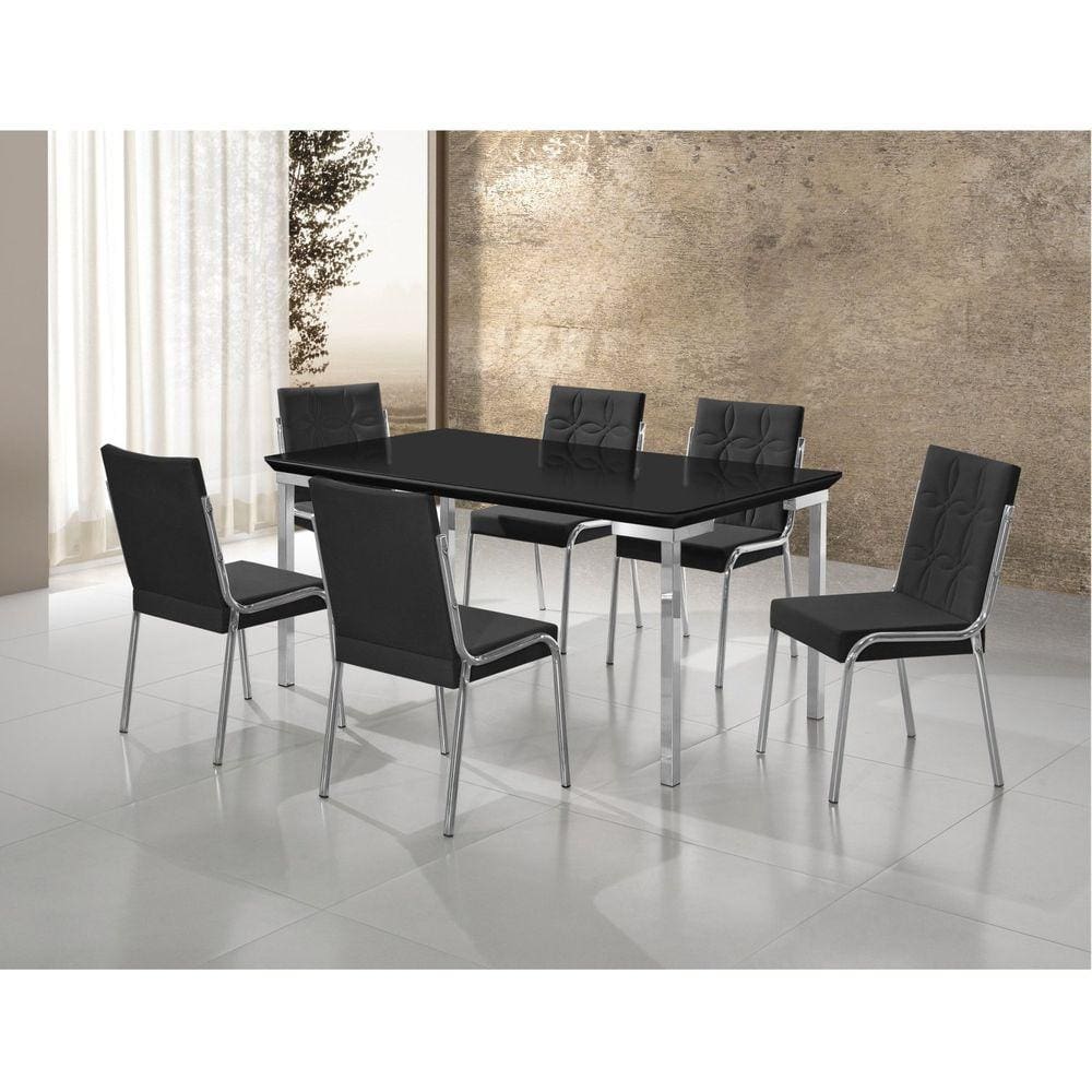 Conjunto Sala de Jantar Mesa Iza New Tampo MDF/Vidro 6 Cadeiras Natani New Cromado/Preto