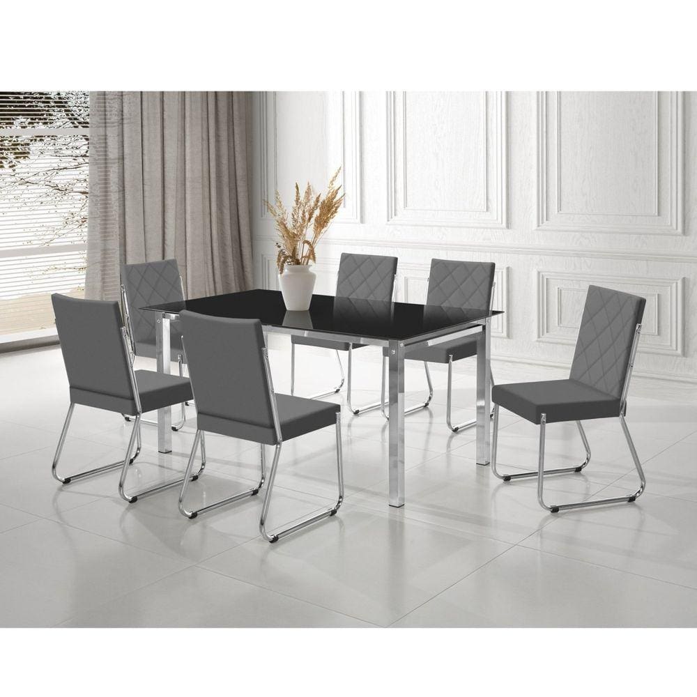 Conjunto Sala de Jantar Mesa Ortenia Tampo Vidro com 6 Cadeiras Dinah New Cromado/Cinza
