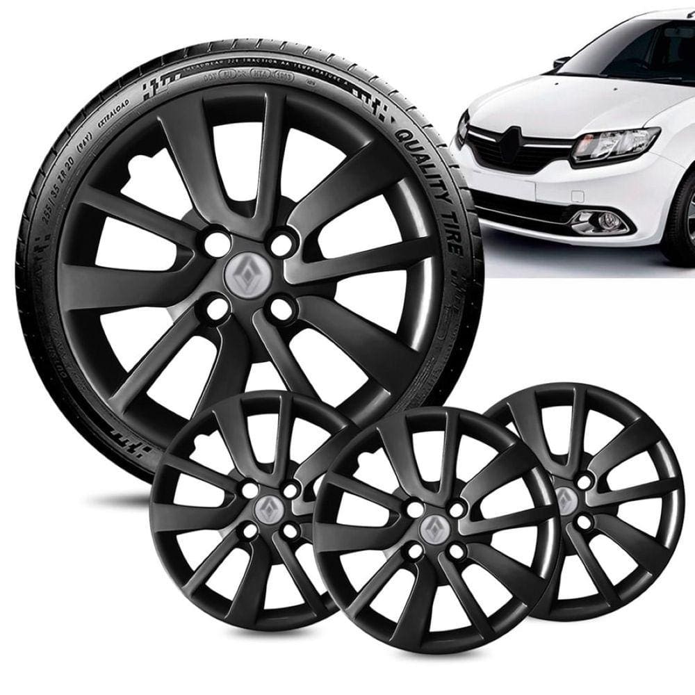Jogo 4 Calota Renault Logan aro 14 2014 16 a 20 Preta Brilha