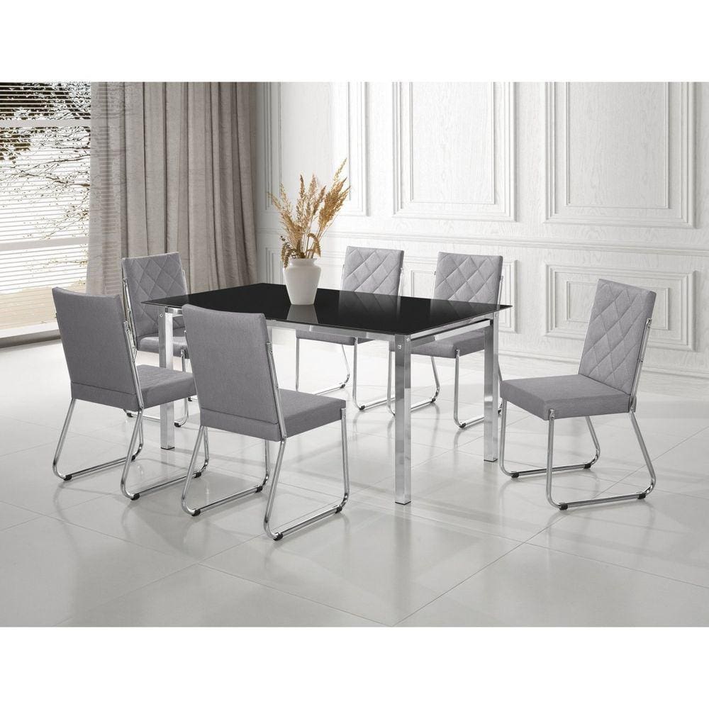Conjunto Sala de Jantar Mesa Ortenia Tampo Vidro com 6 Cadeiras Dinah New Cromado/Cinza