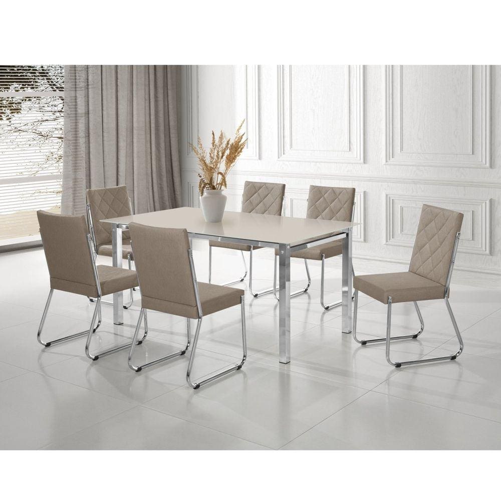 Conjunto Sala de Jantar Mesa Ortenia Tampo Vidro com 6 Cadeiras Dinah New Cromado/Bege
