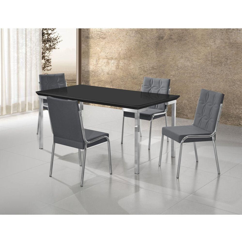 Conjunto Mesa Iza 120x90cm Tampo MDF/Vidro 4 Cadeiras Natani Cromado/Cinza/Preto