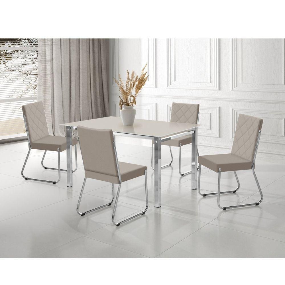 Conjunto Sala de Jantar Mesa Ortenia Tampo Vidro com 4 Cadeiras Dinah Cromado/Bege/Off White