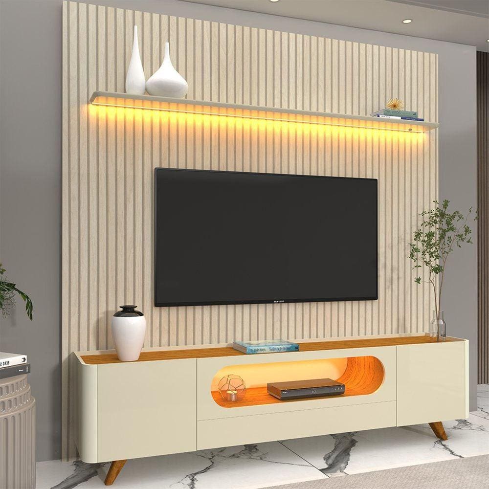 Rack com Painel para TV até 85 Polegadas 1 Gaveta 2 Portas LED 220cm Requinte Nobre Off White/Marromle