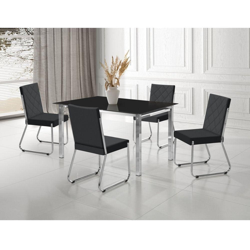 Conjunto Sala de Jantar Mesa Ortenia Tampo Vidro com 4 Cadeiras Dinah Cromado/Preto