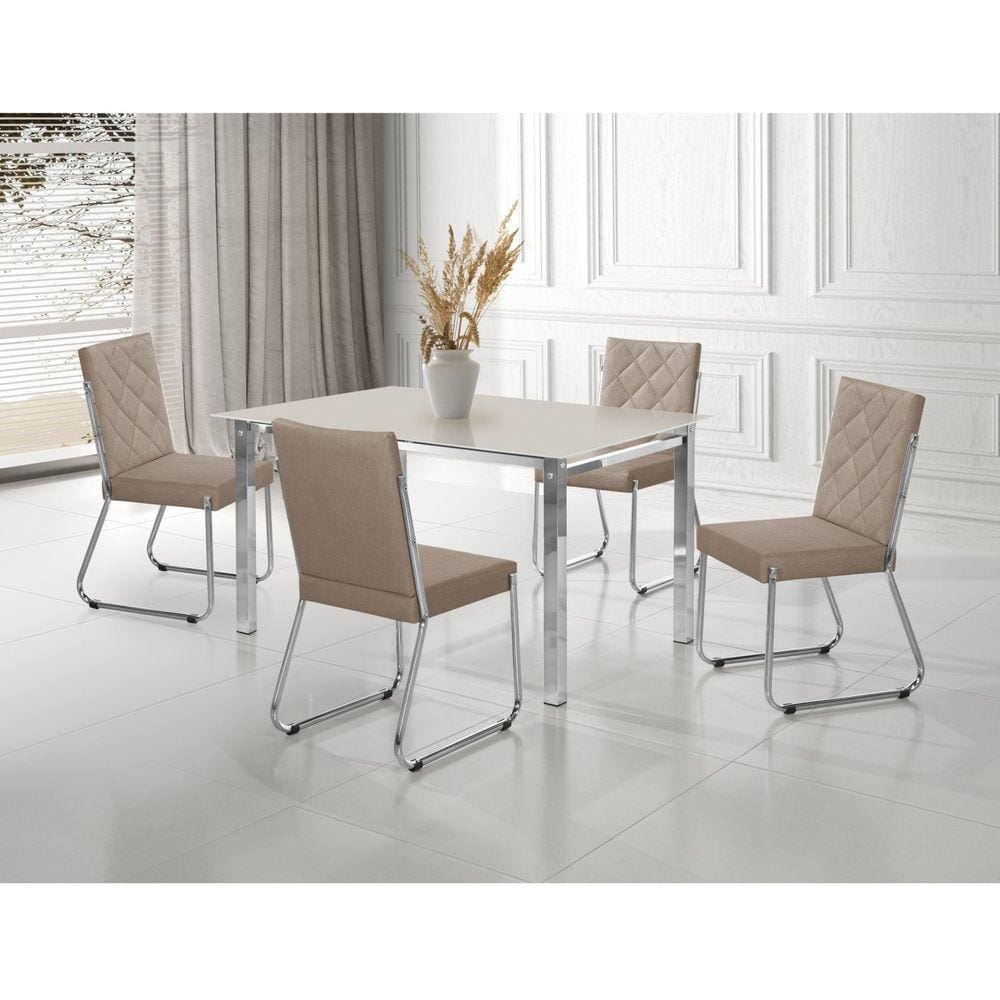Conjunto Sala de Jantar Mesa Ortenia Tampo Vidro com 4 Cadeiras Dinah Cromado/Bege/Off White