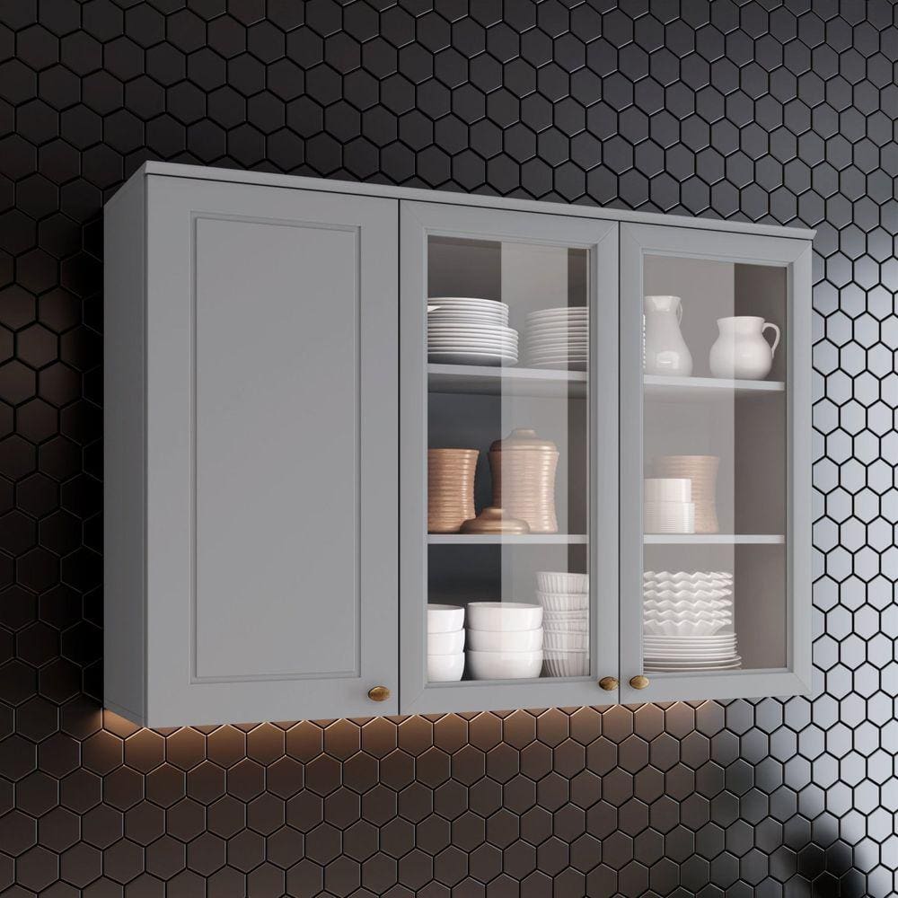 Armário Aéreo 3 Portas 120cm Emily Espresso Móveis Cinza