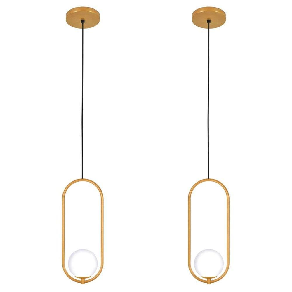 Kit 2 Luminárias Pendente Arco Globo Vidro Sala Cama Dourado