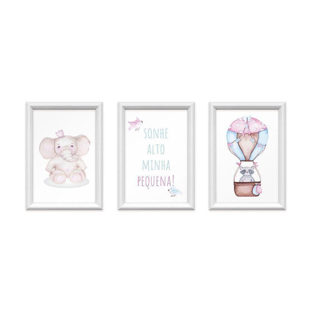 Kit 3 Quadros Decorativos Elefante Balão Rosa 24x34cm