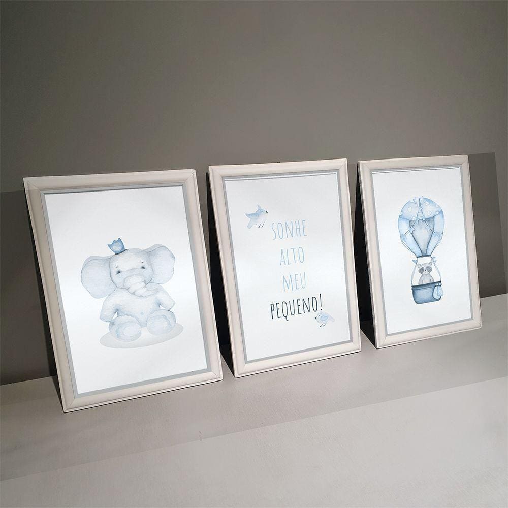 Kit 3 Quadros Decorativos Elefante Balão Azul 24x34cm