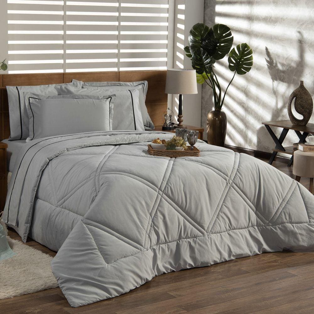 Kit Edredom Liso Milano Dupla Face King 03 Peças Cor Cinza